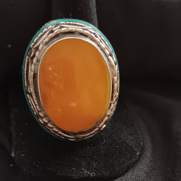 TURQUOISE INLAY AND COPAL TIBETAN SILVER RING - Picture 2 of 5